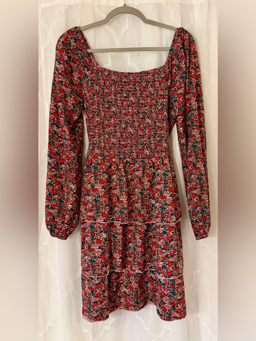 BTFBM Floral Long Sleeve Tiered Mini Dress Large Square Neck Ruffle Boho